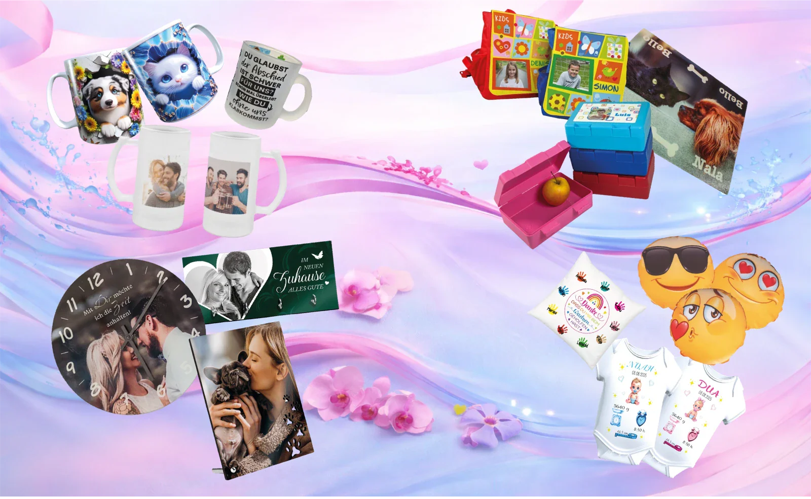 Personalisierte Geschenkideen und Fotoprodukte – bedruckte Tassen, Kissen, Babybodys, Brotdosen, Fotoaufsteller und Deko mit individuellen Motiven, Namen oder Fotos.