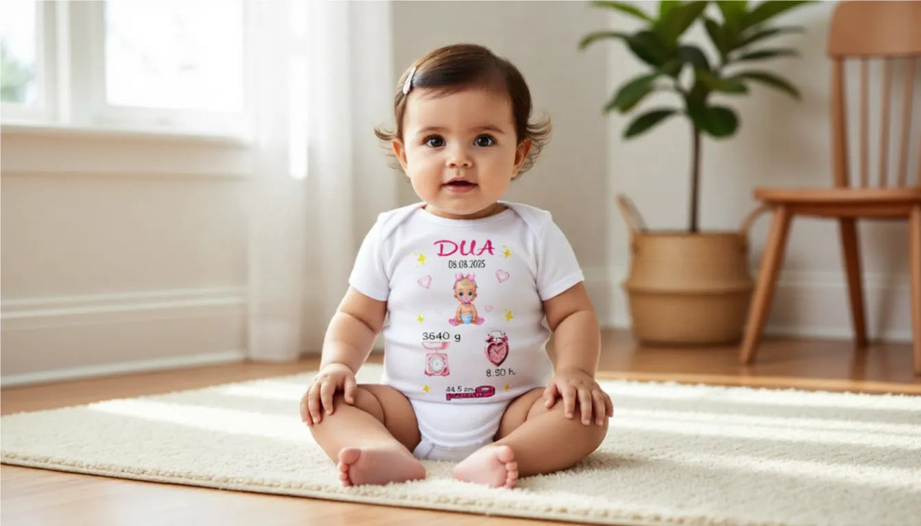 Personalisierter Baby-Body mit Namen und Geburtsdaten, handgefertigt und individuell bedruckt – langlebige Babybekleidung, keine Massenware, ideales Geschenk zur Geburt.