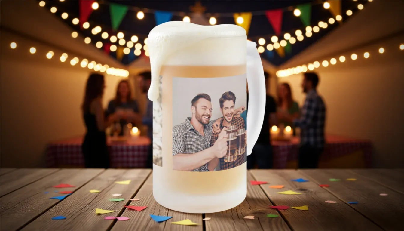 Personalisierte Tassen und Trinkgefäße mit Fotodruck – individuell gestalteter Bierkrug als Geschenkidee, handgefertigt, langlebiger Druck und hochwertige Verarbeitung.