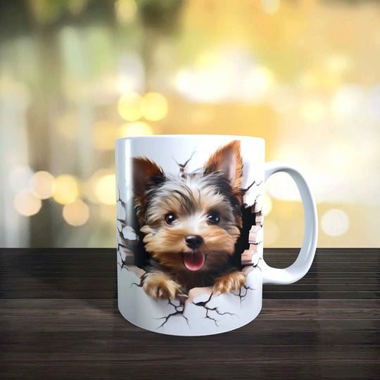 Weiße Keramiktasse mit 3D Hundemotiv eines Yorkshire Terriers, realistischer Effekt mit Durchbruch-Design