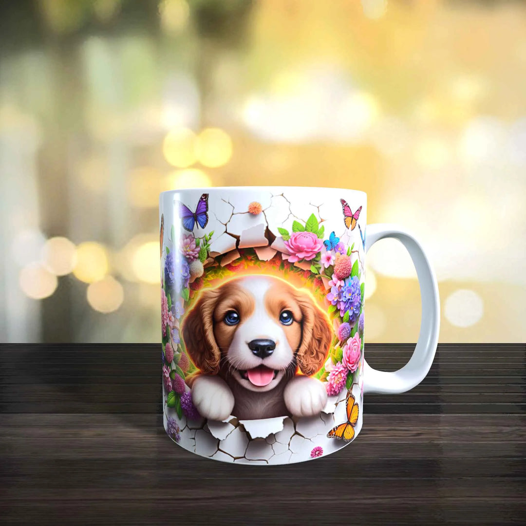 Keramiktasse mit 3D-Motiv eines Beagle-Welpen in einem Blumenrahmen