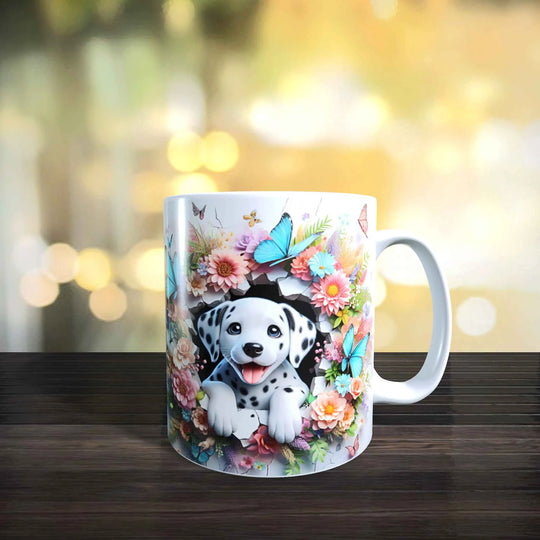 Keramiktasse mit 3D-Dalmatiner-Motiv in einem bunten Blumenrahmen