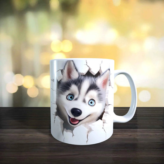 Keramiktasse mit 3D-Motiv eines Siberian Husky, der aus einer Wandoptik hervortritt