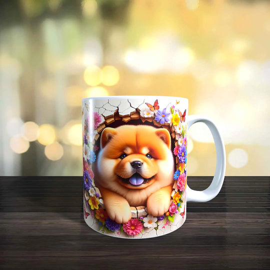 Weiße Keramiktasse mit 3D-Motiv eines Pomeranian-Welpen in einem floralen Design