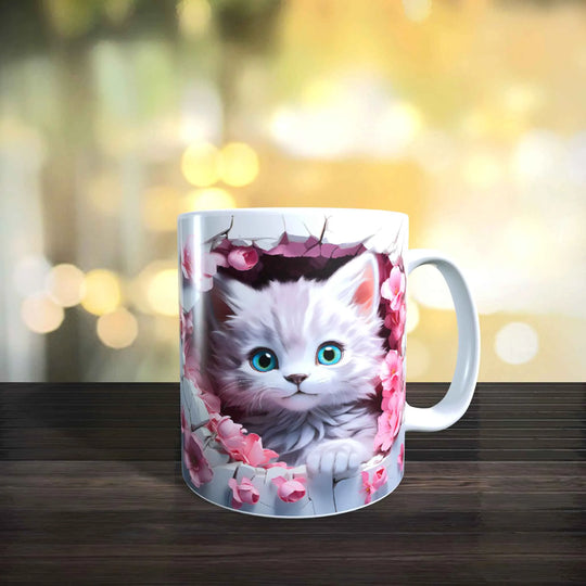 Keramiktasse mit 3D-Katzenmotiv, graues Katzenbaby mit rosa Blüten und Durchbruch-Effekt