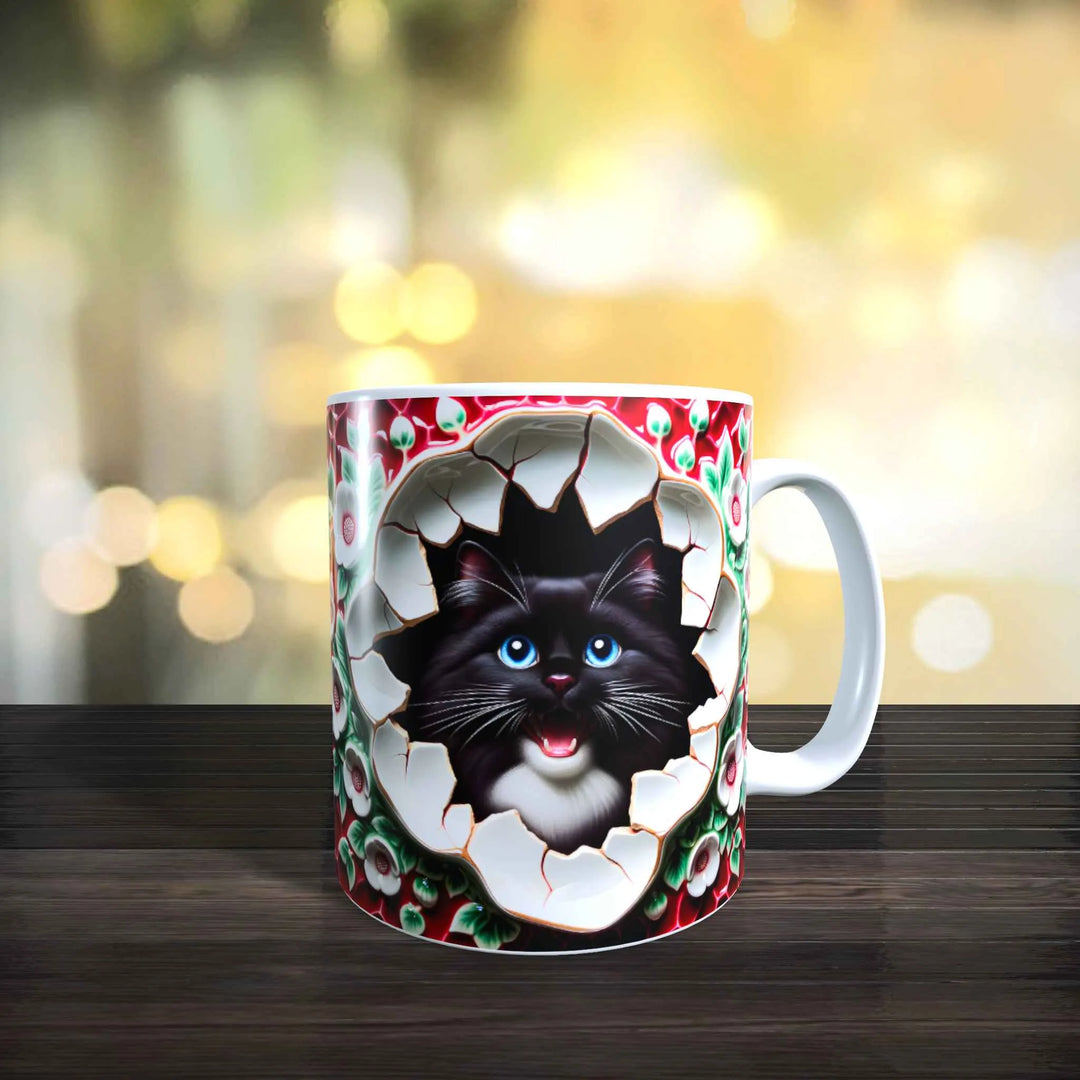 Keramiktasse mit 3D-Katzenmotiv, schwarz-weiße Katze im dekorativen Durchbruch-Design