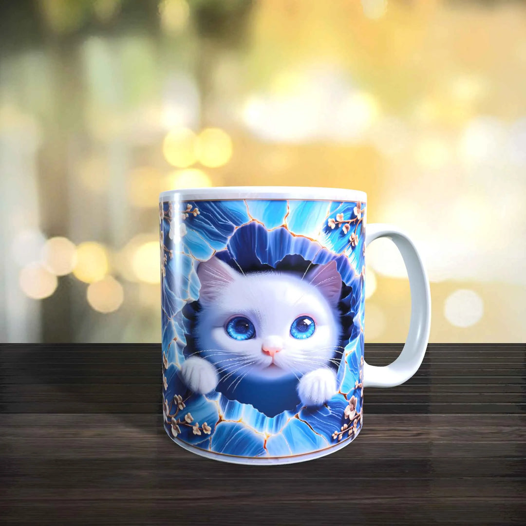 Keramiktasse mit 3D-Katzenmotiv, weißes Katzenbaby in blauem dekorativem Rahmen
