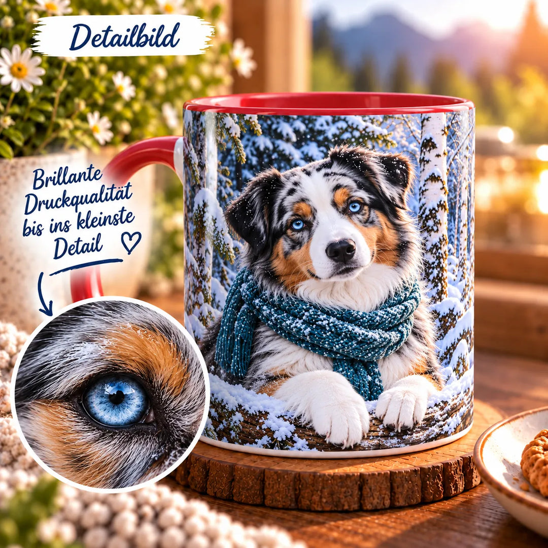Detailansicht des Australian-Shepherd-Motivs mit vergrößertem Ausschnitt des blauen Auges und der feinen Fellzeichnung.