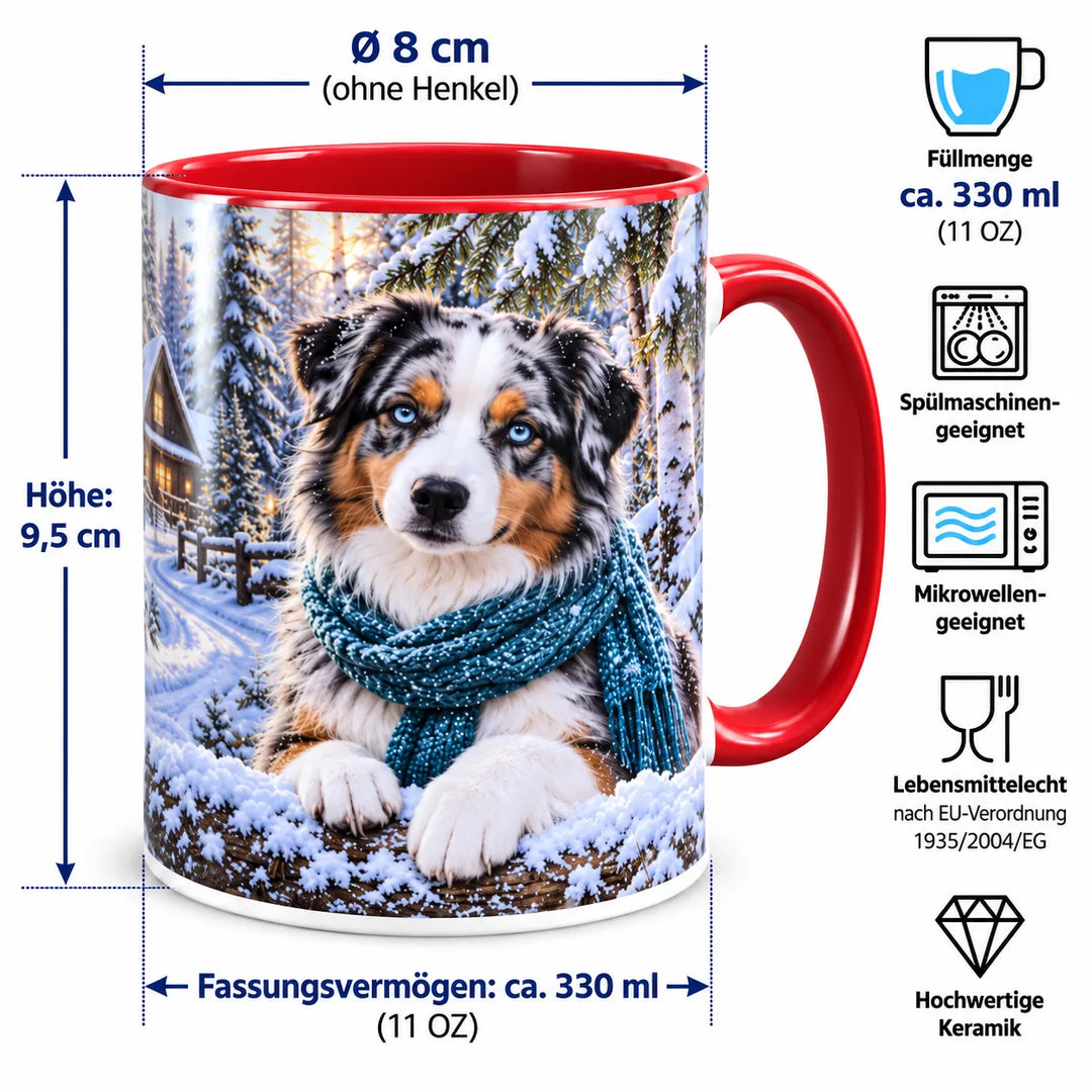 Australian-Shepherd-Tasse mit Maßangaben: 9,5 cm Höhe, 8 cm Durchmesser ohne Henkel und ca. 330 ml Inhalt; spülmaschinen- und mikrowellengeeignet.