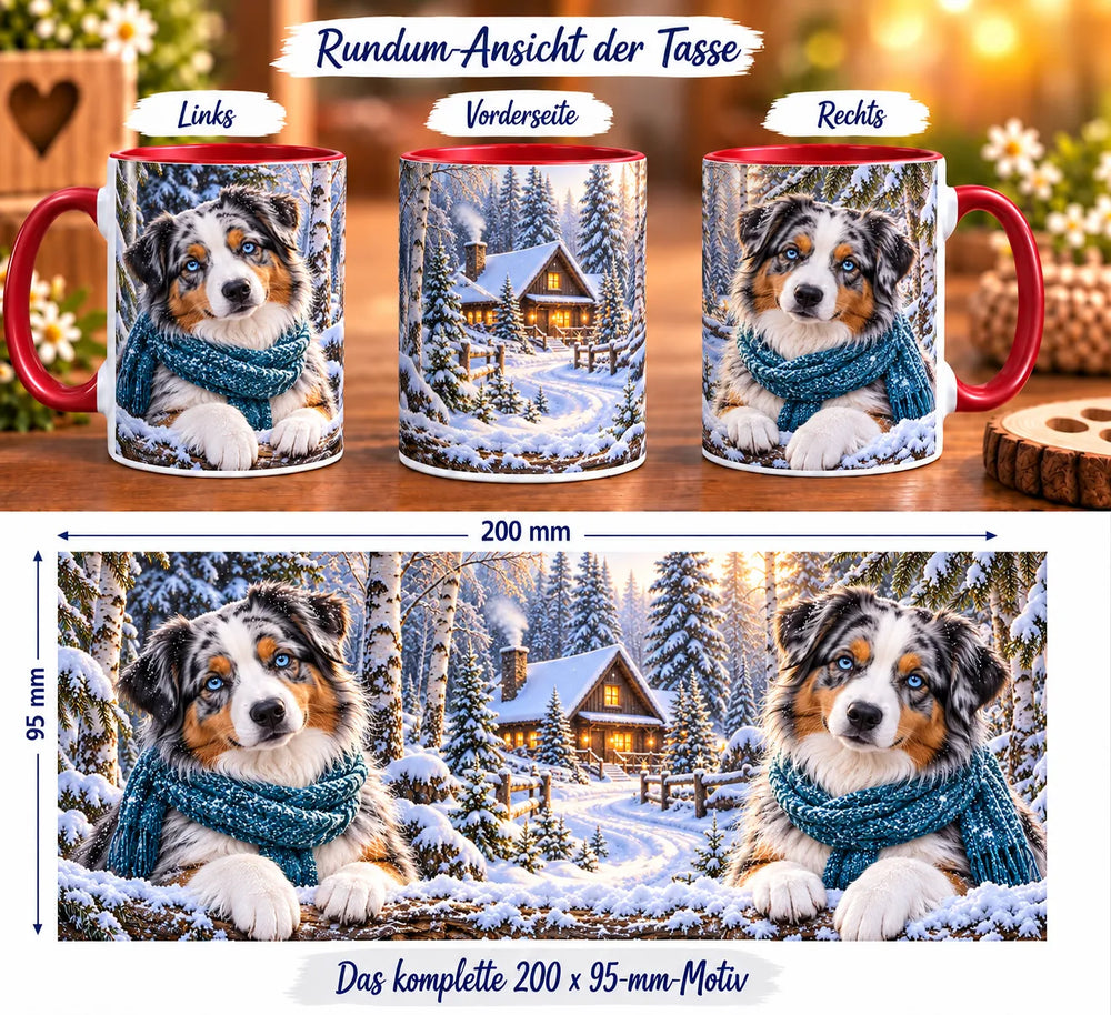 Rundumansicht der Australian-Shepherd-Tasse mit Hundemotiven auf beiden Seiten und einer beleuchteten Holzhütte im verschneiten Wald.