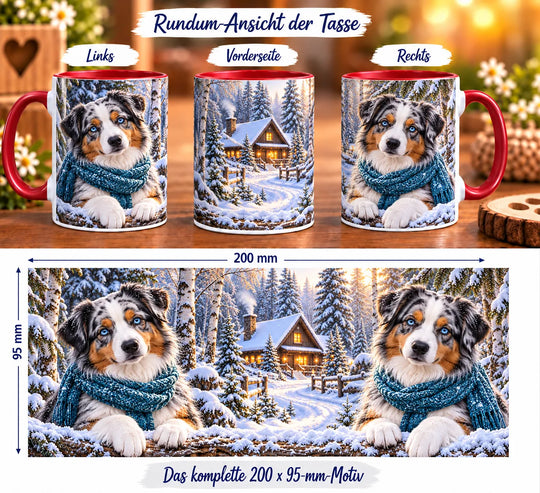 Rundumansicht der Australian-Shepherd-Tasse mit Hundemotiven auf beiden Seiten und einer beleuchteten Holzhütte im verschneiten Wald.