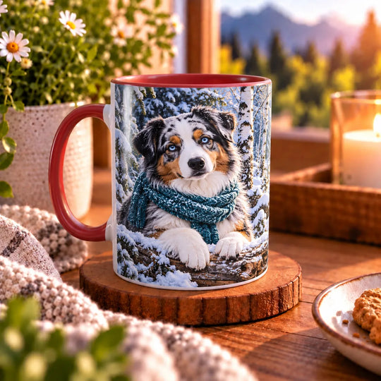 Australian-Shepherd-Tasse mit blauäugigem Hund und petrolfarbenem Schal im verschneiten Wald, roter Innenseite und Henkel links.