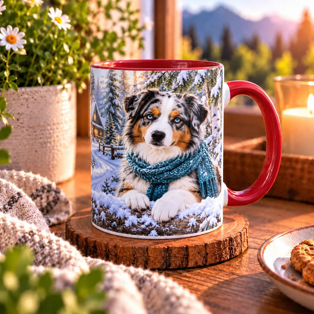 Australian-Shepherd-Tasse mit Hund im petrolfarbenen Winterschal, verschneiter Holzhütte im Hintergrund und rotem Henkel rechts.