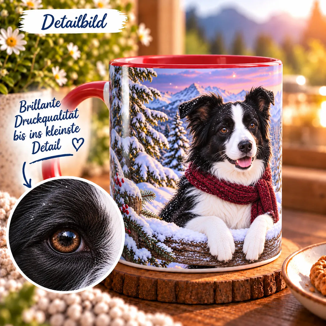 Detailansicht des Border-Collie-Motivs mit braunen Augen, feiner schwarz-weißer Fellzeichnung und dunkelrotem Strickschal.