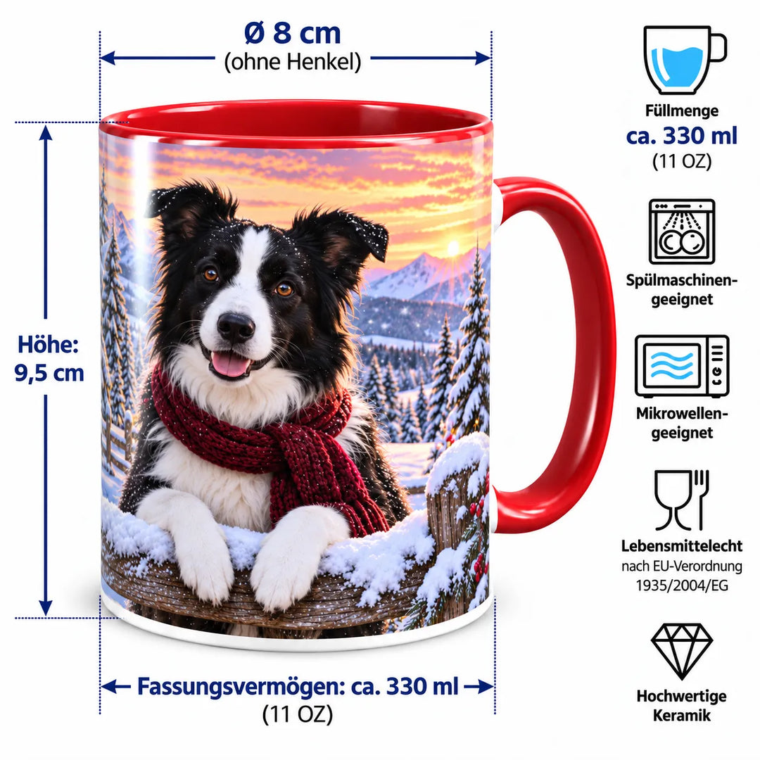 Border-Collie-Tasse mit Maßangaben: 9,5 cm Höhe, 8 cm Durchmesser ohne Henkel und ca. 330 ml Inhalt; spülmaschinen- und mikrowellengeeignet.