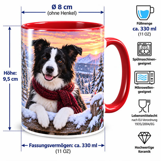 Border-Collie-Tasse mit Maßangaben: 9,5 cm Höhe, 8 cm Durchmesser ohne Henkel und ca. 330 ml Inhalt; spülmaschinen- und mikrowellengeeignet.