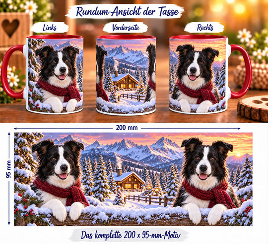 Rundumansicht der Border-Collie-Tasse mit zwei schwarz-weißen Hunden und einem beleuchteten Alpenchalet vor verschneiten Bergen.