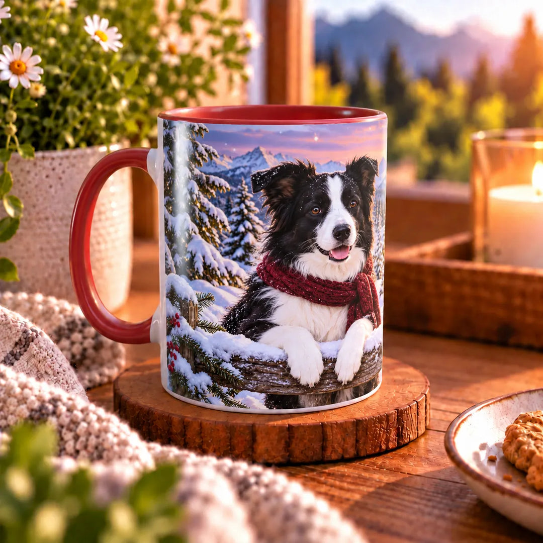 Border-Collie-Tasse mit schwarz-weißen Hunden, dunkelroten Schals und einem verschneiten Alpenchalet in winterlicher Berglandschaft.