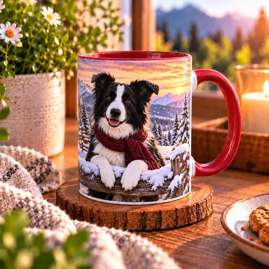 Zweite Ansicht der Border-Collie-Tasse mit schwarz-weißem Hund, dunkelrotem Strickschal und verschneiter Alpenlandschaft.