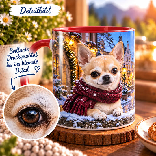 Detailansicht des Chihuahua-Motivs mit großen dunklen Augen, cremefarben-braunem Fell und schneebedecktem weinrotem Strickschal.