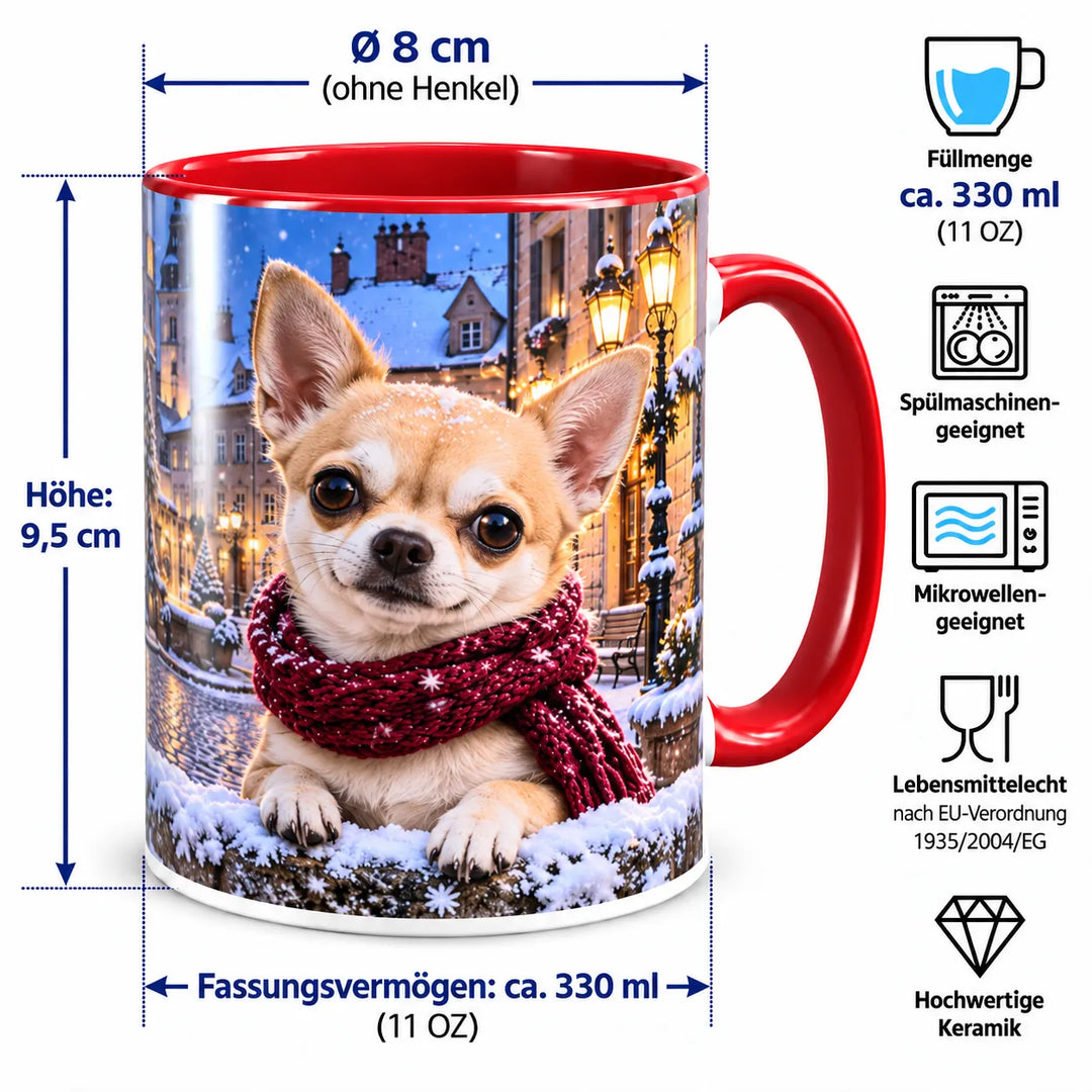 Chihuahua-Tasse mit Maßangaben: 9,5 cm Höhe, 8 cm Durchmesser ohne Henkel und ca. 330 ml Inhalt; spülmaschinen- und mikrowellengeeignet.