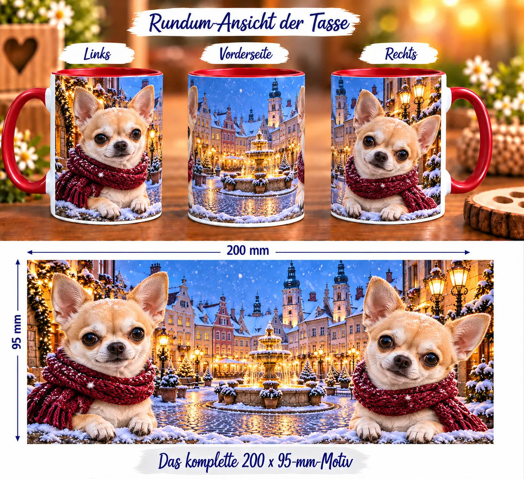 Rundumansicht der Chihuahua-Tasse mit zwei Hunden, weinroten Schals und einem winterlichen Marktplatz mit Brunnen und historischen Häusern.