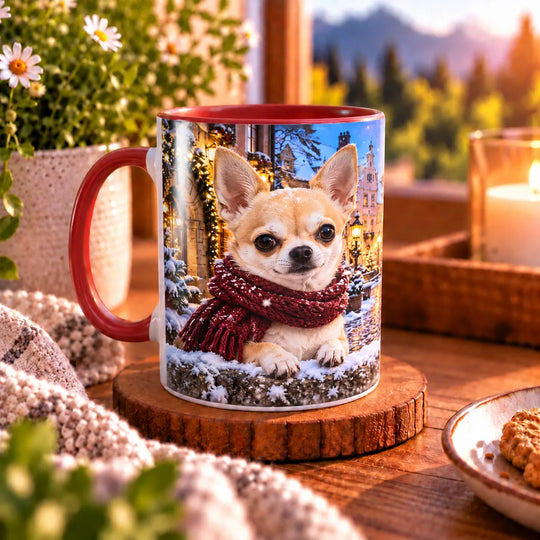 Chihuahua-Tasse mit zwei cremefarben-braunen Hunden in weinroten Schals vor einem verschneiten, festlich beleuchteten Marktplatz.