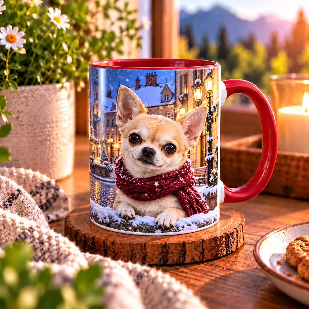 Zweite Ansicht der Chihuahua-Tasse mit großäugigem Chihuahua, weinrotem Strickschal und festlich beleuchteter Winterkulisse.
