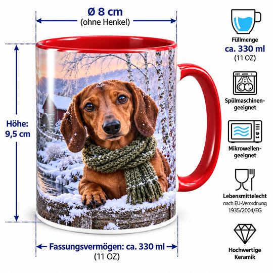 Dackel-Tasse mit Maßangaben: 9,5 cm Höhe, 8 cm Durchmesser ohne Henkel und ca. 330 ml Inhalt; spülmaschinen- und mikrowellengeeignet.