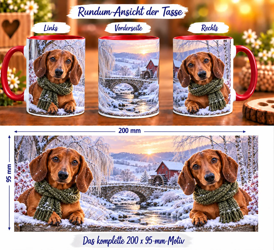 Rundumansicht der Dackel-Tasse mit zwei braunen Dackeln, grünen Schals und winterlichem Bach mit steinerner Bogenbrücke und roter Wassermühle.