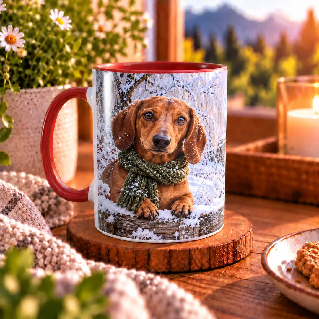 Dackel-Tasse mit zwei braunen Dackeln in olivgrünen Strickschals vor einer verschneiten Flusslandschaft mit Steinbrücke und Wassermühle.