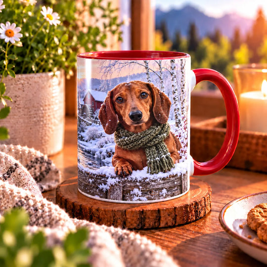 Zweite Ansicht der Dackel-Tasse mit braunem Kurzhaardackel, olivgrünem Strickschal und verschneiter Flusslandschaft im Hintergrund.
