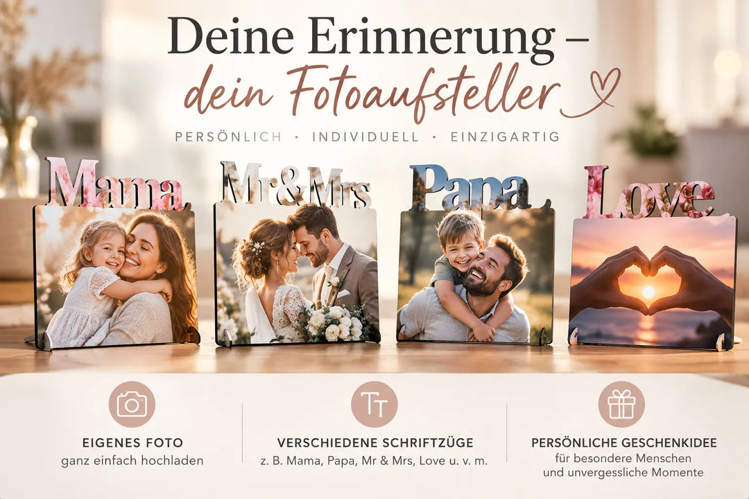 Personalisierter MDF Fotoaufsteller mit Wunschmotiv und Schriftzug