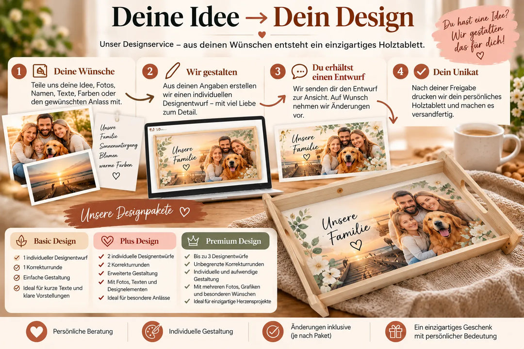 Designservice für personalisierte Holztabletts von der eigenen Idee bis zum individuellen Design