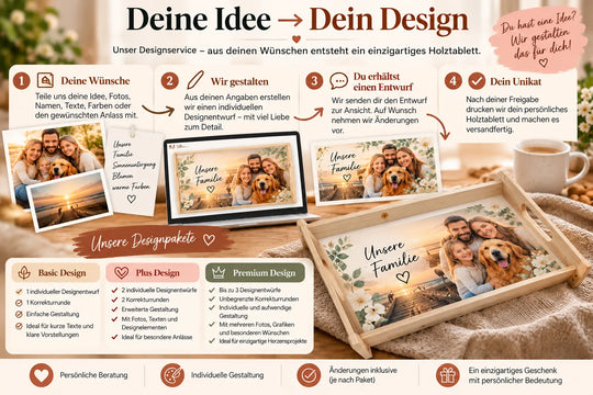 Designservice für personalisierte Holztabletts von der eigenen Idee bis zum individuellen Design