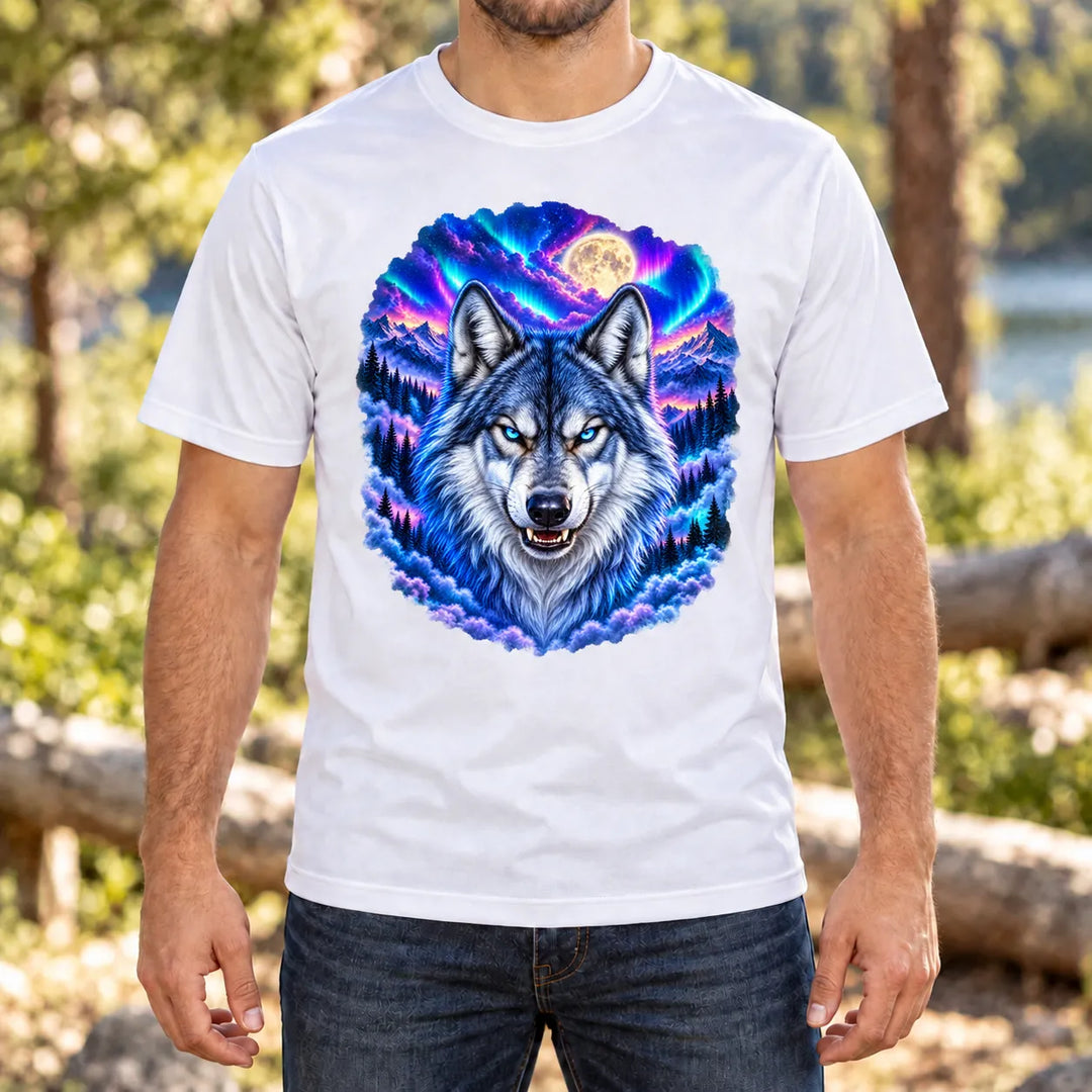 Mann trägt ein weißes Rundhals-T-Shirt mit blauäugigem Wolfskopf vor Polarlicht, Vollmond und Bergen.