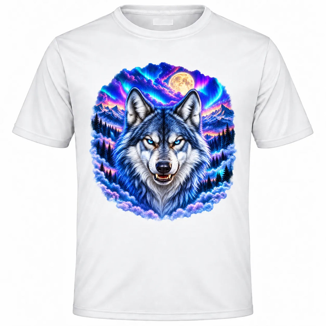 Weißes Kurzarm-T-Shirt mit mittigem eisblauem Wolfskopf, buntem Polarlicht und goldenem Vollmond vor weißem Hintergrund.