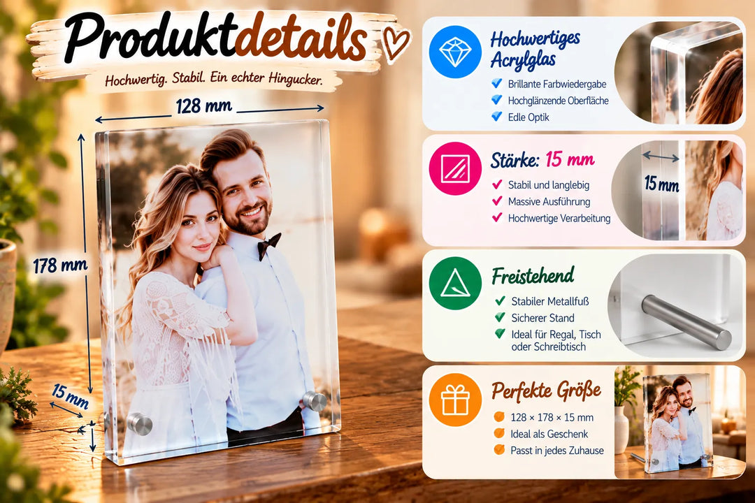 Personalisierter Fotoaufsteller aus hochglänzendem Acrylglas in 128 × 178 × 15 mm, stabil und freistehend