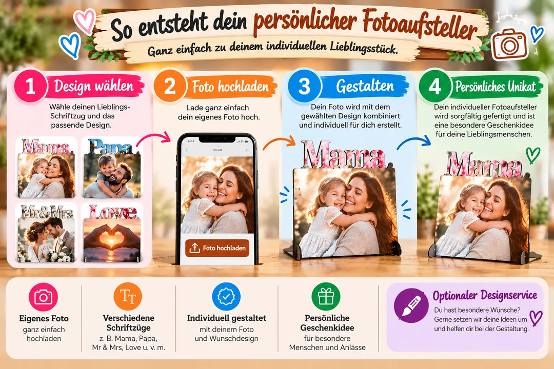 Personalisierten MDF-Fotoaufsteller mit eigenem Foto im Online-Designer einfach selbst gestalten