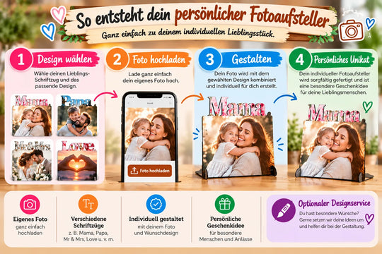 Personalisierten MDF-Fotoaufsteller mit eigenem Foto im Online-Designer einfach selbst gestalten