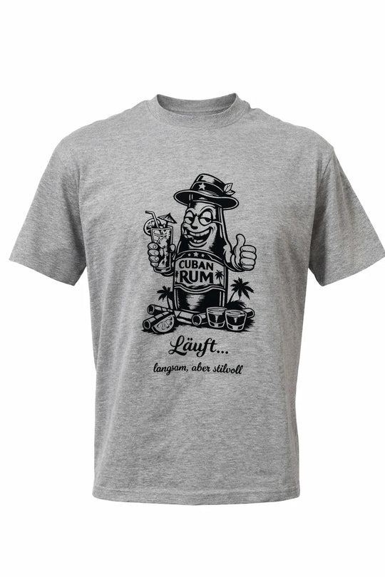 Oversize Unisex T-Shirt „Kubanischer Rum“ in Hellgrau mit Kuba-Design, 220 g/m² Baumwolle, Vorderansicht freigestellt