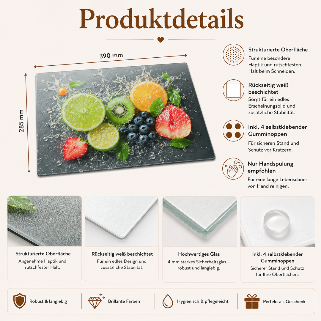 Produktdetails des Glasschneidebretts aus Glas in 390 x 285 mm mit strukturierter Oberfläche und Gumminoppen