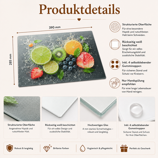 Produktdetails des Glasschneidebretts aus Glas in 390 x 285 mm mit strukturierter Oberfläche und Gumminoppen