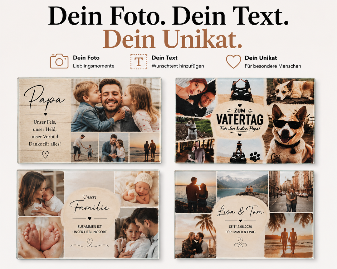 Beispiele für personalisierte Glasschneidebretter mit eigenen Fotos, Namen und Wunschtext