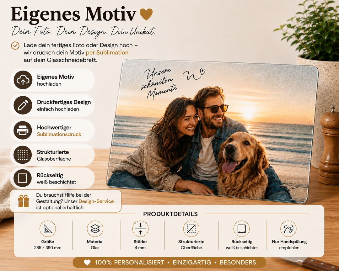 Personalisiertes Glasschneidebrett mit eigenem druckfertigen Foto oder Design und optionalem Design-Service