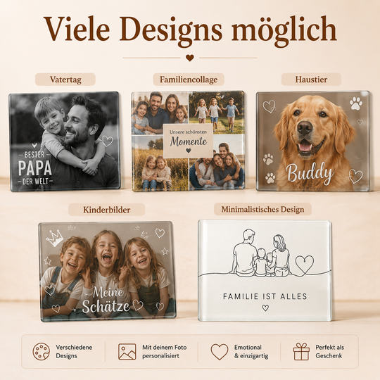 Designbeispiele für personalisierte Glasschneidebretter mit Familienfotos, Haustieren und Kinderbildern