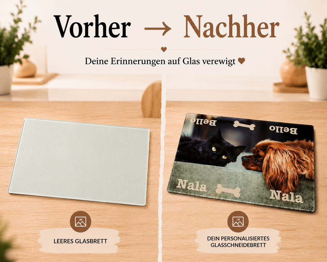 Vorher-Nachher-Beispiel eines personalisierten Glasschneidebretts mit Haustierfotos und Namen