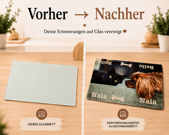Vorher-Nachher-Beispiel eines personalisierten Glasschneidebretts mit Haustierfotos und Namen