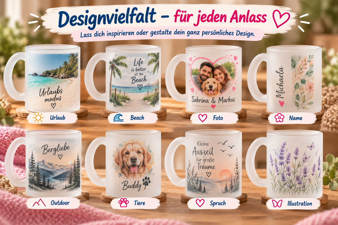 Designideen für personalisierte Glastassen mit Urlaubsmotiv, Beach-Design, Foto, Name, Tiermotiv, Spruch und Illustration