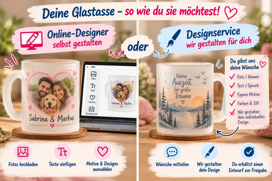 Personalisierte Glastasse selbst im Online-Designer gestalten oder vom Designservice gestalten lassen